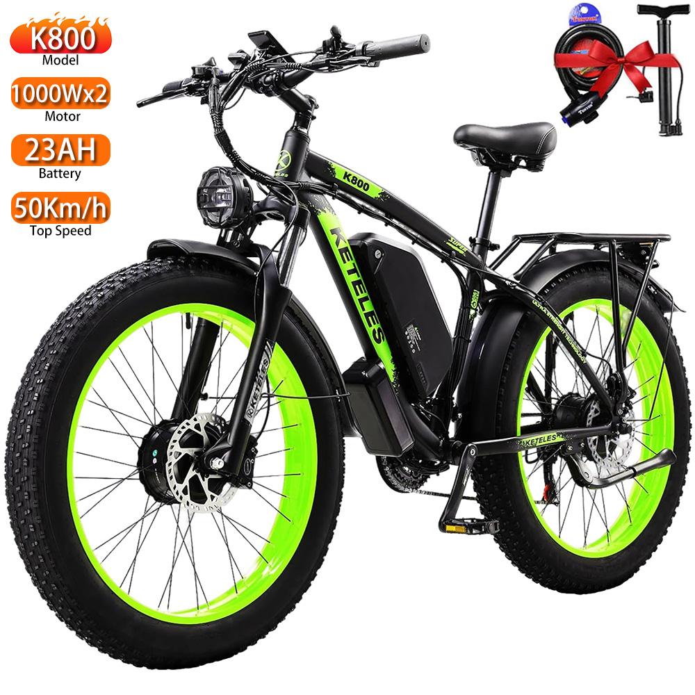 E-Bike All Terrain Keteles 26" 1000Wx2 Motor Erwachsener Fat Tire Elektrofahrrad 21 Gang Höchstgeschwindigkeit 50Km/h Last 150Kg Grün K800
