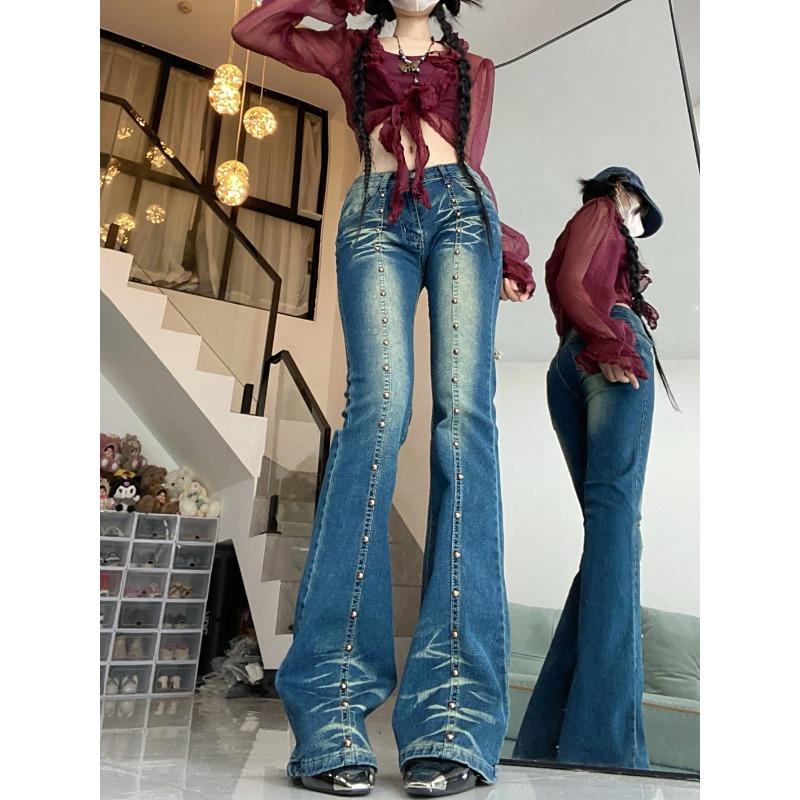 Buy Flare Jeans Denim Pant with Rivet High Waist Y2k Pants