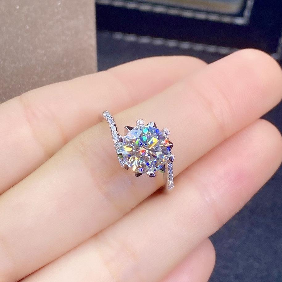 2 Carat Moissanite Open Ring, Simulated Diamond with Eight Hearts and Arrows, PT950 Plated, Popular Women's Jewelry Sale.