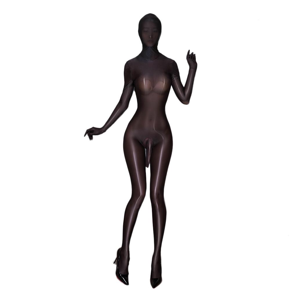 Sexy Women Full Cover Glossiness Bodysuit Sheer See Through Maid Tights Stain Smooth One Piece Suit Bulge Pouch Leotard