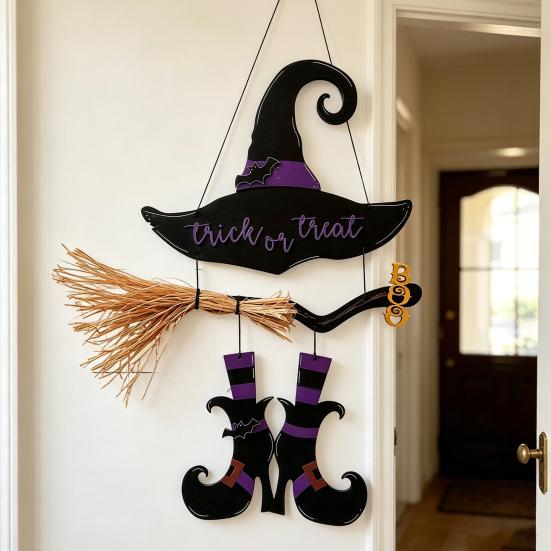 Hanging Wall Decor Halloween Witch Hat Boot Sign, Trick or Treat Decoration Or Sign for Home Room, Wooden Front Door Hanger Holiday Party,