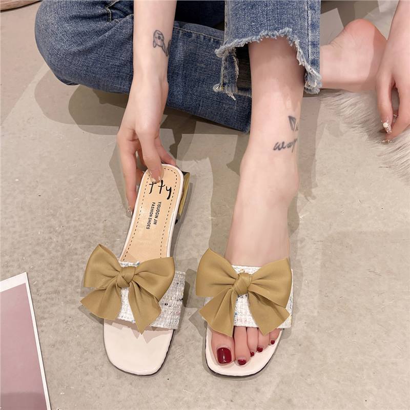 High heels women's summer 2024 new square head temperament bow low heel one-word drag small fragrant style outer slippers