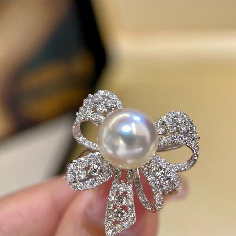 Adjustable French Pearl Bow Ring - Minimalist, Versatile, Full Diamond Design for Women Adjustable