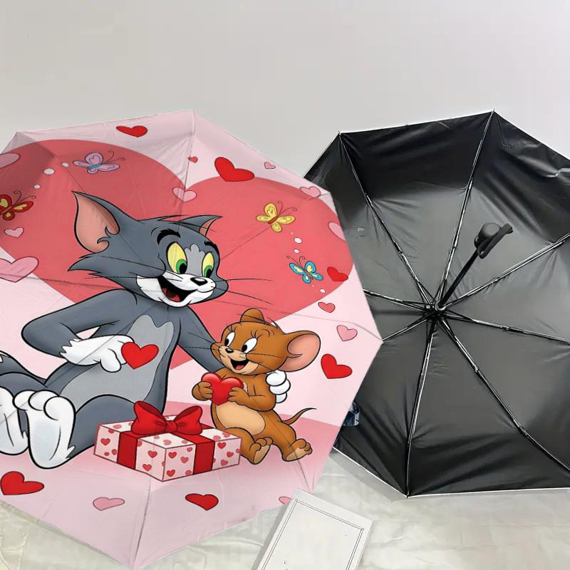 1pc Tom and Jerry Automatic Open/Close Umbrella Compact Folding Umbrella with 8-Rib Shaft Lightweight Esign, for Women/Men1217A