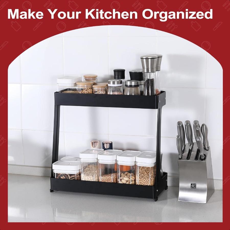 Spice Rack Organizer 2Tier Metal Kitchen Countertop Organizer Seasoning Storage Shelf with Guardrail Kitchen Under Cabinet and