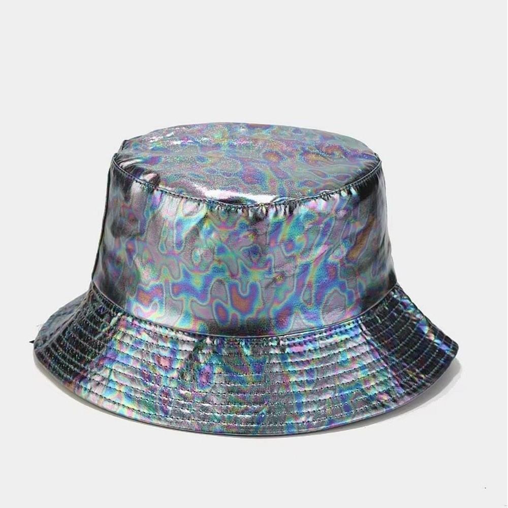 Leder Leuchtender Eimerhut Einseitig Glänzend Sonnenhut Laser Regenbogen Fischerhut Outdoor Reisen