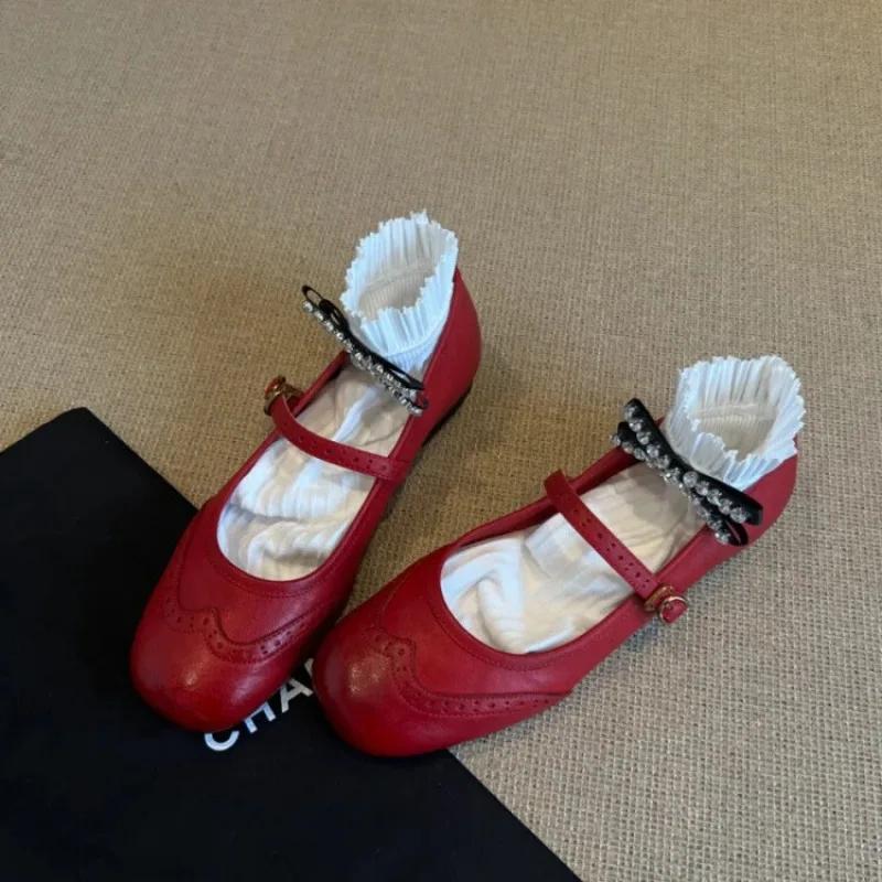 Fashion Retro Round Head Red Single Shoes Shallow Mouth One-word Buckle with Engraved Small Leather Shoes Flat Mary Jane Shoes