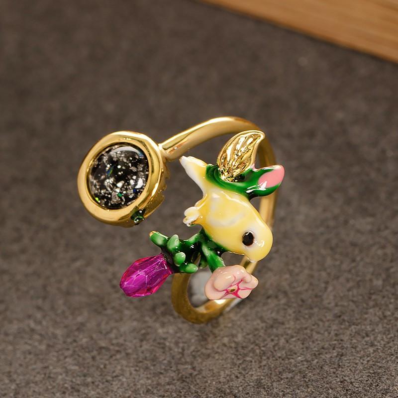 Adjustable Open Ring Women With Enamel Flower Design Zircon Accents Fashion OL Style Copper Jewelry