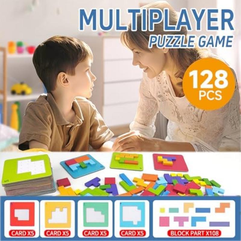 Tetris Duel Game, Wooden Puzzle Tangram, Concentration Games for Kids Ages 4 5 6, Montessori Block Puzzle, Educational Toys