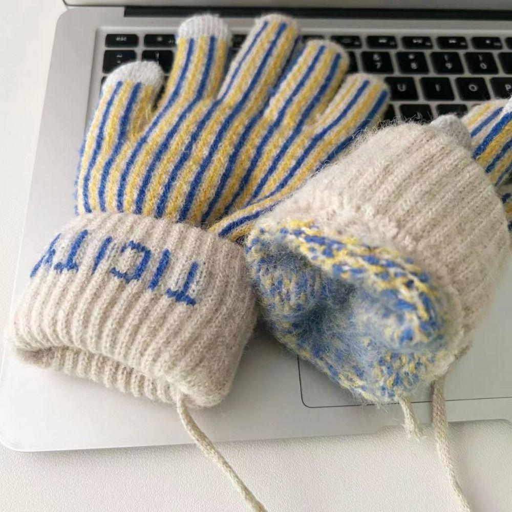 Thickened Striped Gloves Wool Winter Velvet Mittens Retro Knitted Gloves Outdoor