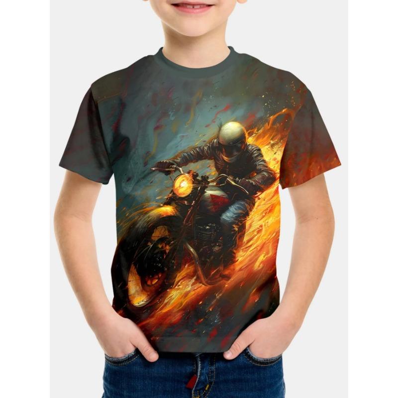 Summer Round Neck 3D Printed Motorcycle Rider Pattern Top Fashionable Casual Short Sleeved Children's Boy T-shirts
