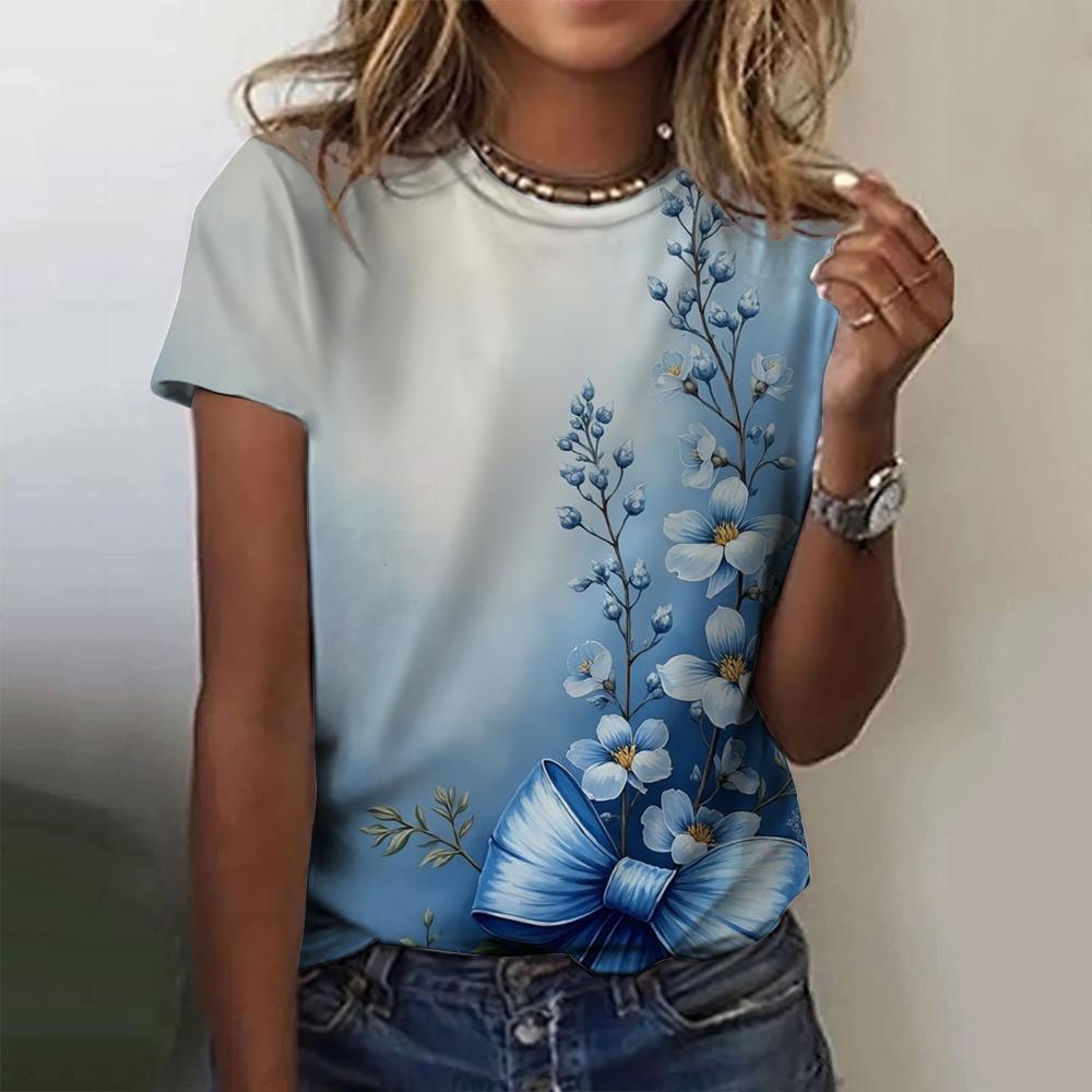 2025 New Summer Temperament Women's Floral Blue Printed Women's T-shirt Round Neck Short Sleeve Street Casual Daily Basic Tops
