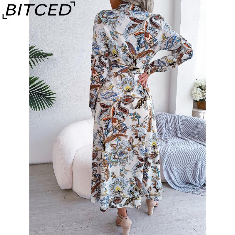 BITCED Women's Retro Floral Collar Long Sleeve Shirt Dress for Spring Summer