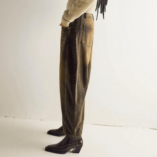 Women Jeans Denim Loose Straight Wide Leg Mid Waist Gradient Color Hip Hop Retro Ankle Length Pockets Soft Breathable Lady Long Pants Trousers