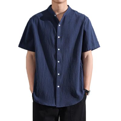 Summer Men's Cotton Linen Henley Shirt Casual Short Sleeve Basic Soild Button Breathable Top Beach Stand-Up Collar Shirt Man 5XL