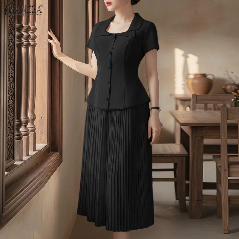 ZANZEA Damskie bluzki z krótkim rękawem i spódnice Letnie dwuczęściowe zestawy garniturowe