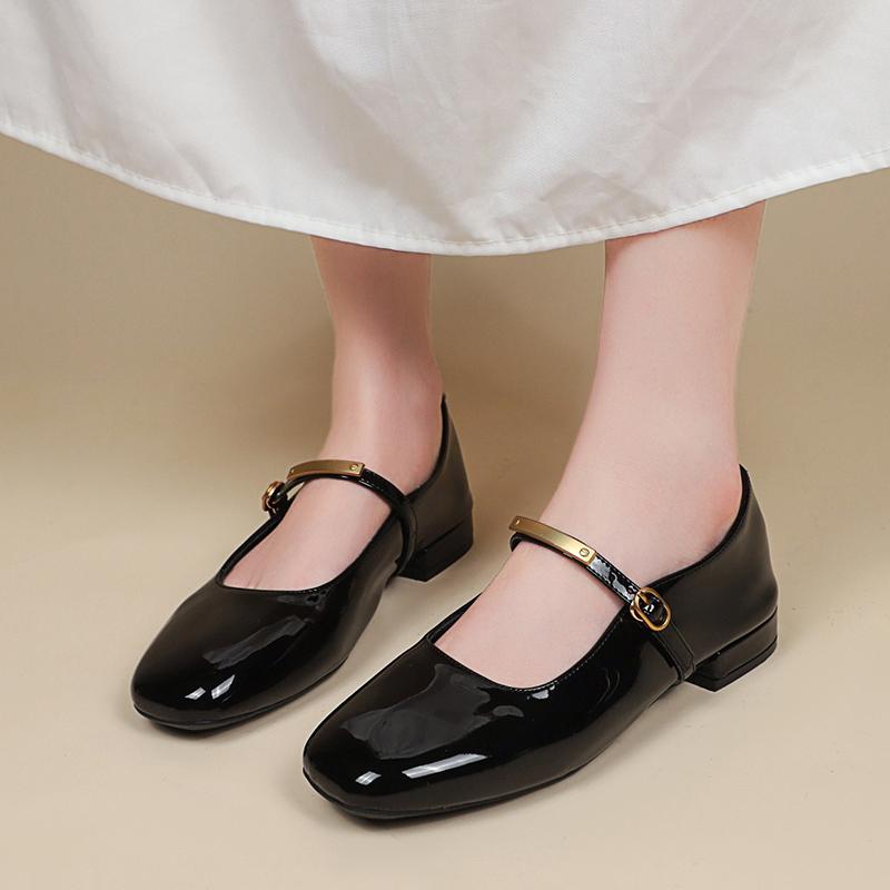 Fashion Shallow Single Shoes Women 2025 Summer New Red Patent Leather Evening Style Square Head Low Heel Flat Mary Jane Shoes