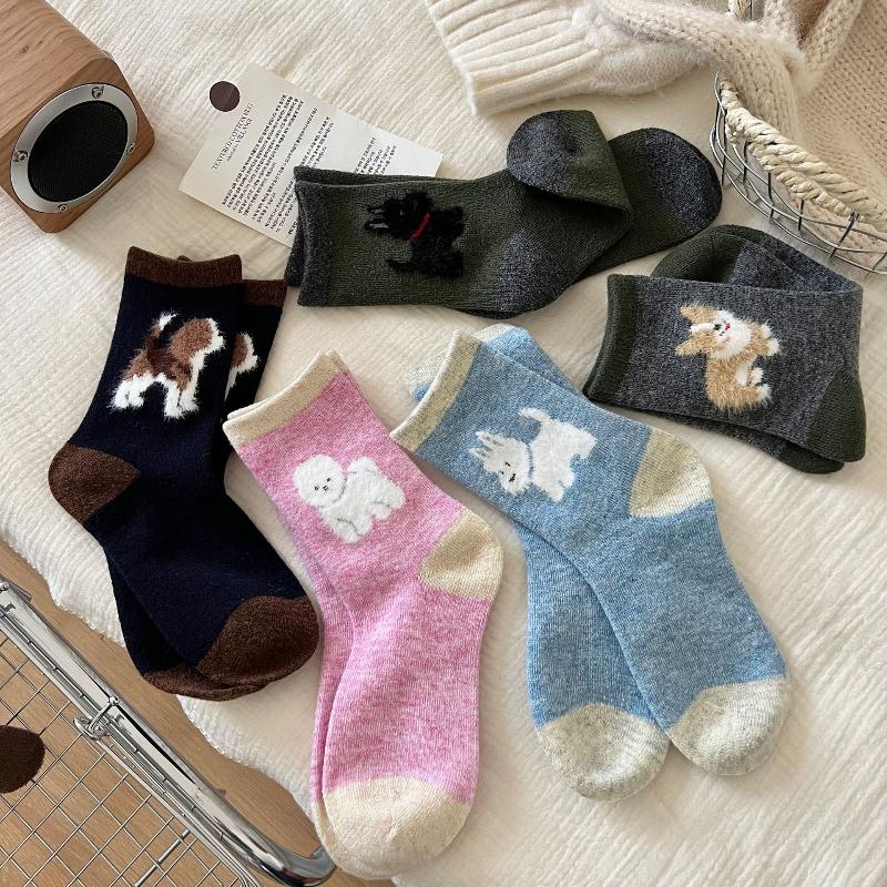 1/5Pairs Kawaii Plush Dog Pattern Women Socks Funny Cartoon Puppy Mid Tube Socks Autumn Winter Casual Warm Hosiery