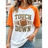 Camouflage letter football pattern shoulder T-shirt, women's printed color blocked short sleeved casual top