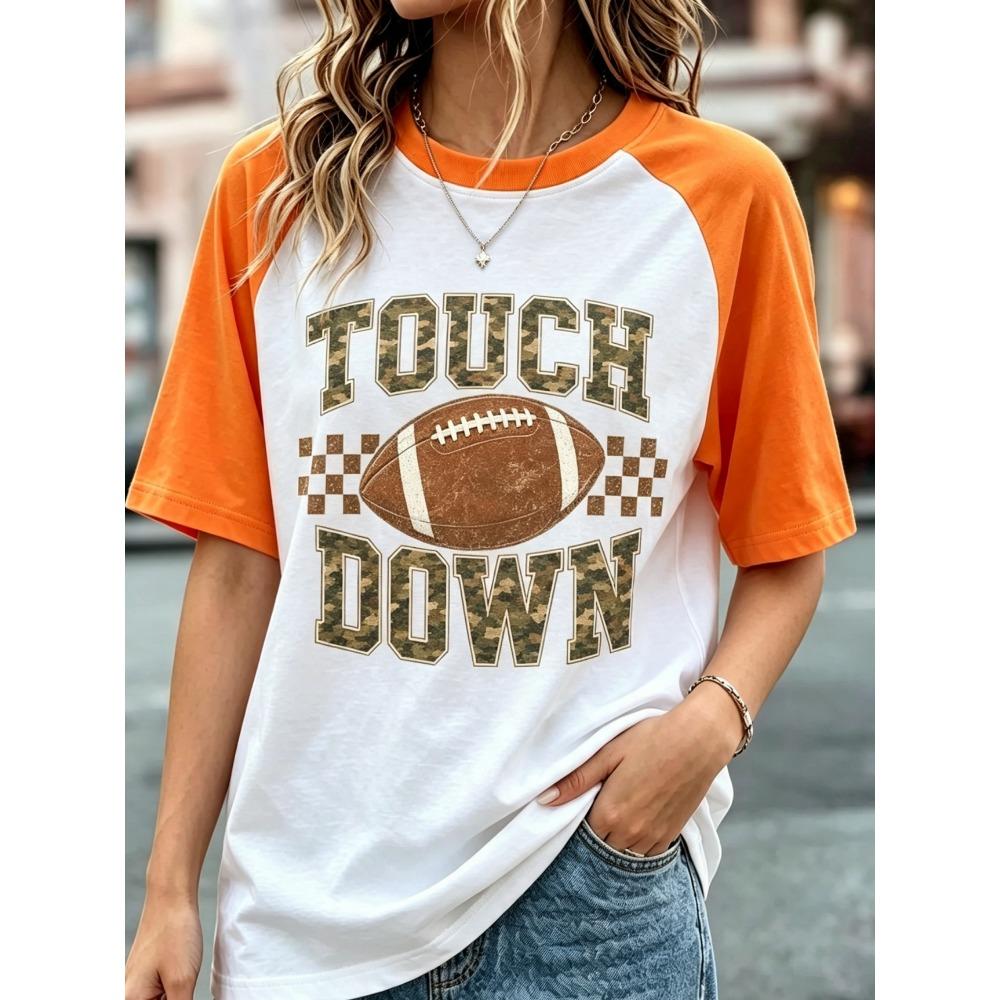 Camouflage letter football pattern shoulder T-shirt, women's printed color blocked short sleeved casual top