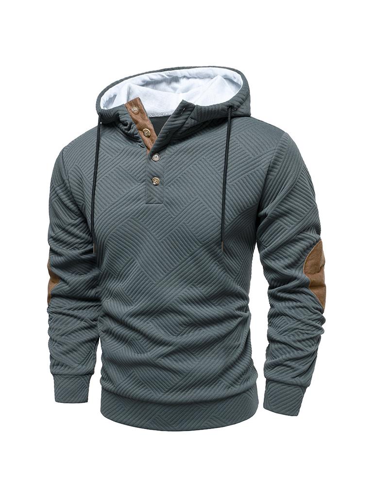 Herfst Nieuw Heren Casual Getextureerd Hoodie met Knoopsluiting & Elleboogstukken Mode Sportkleding Heren Bovenkleding