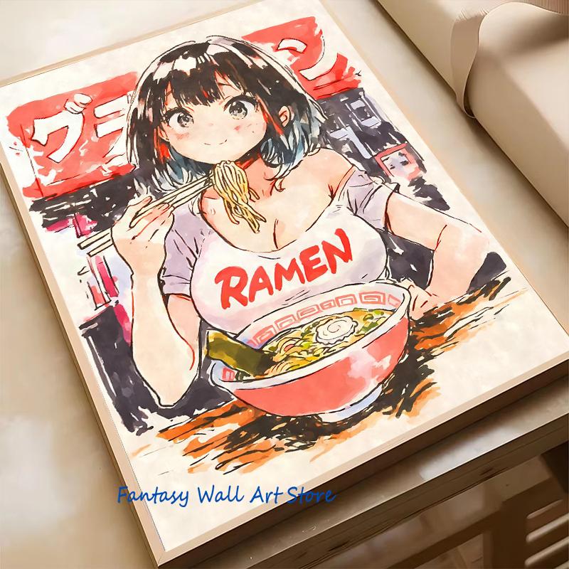 Cat Ear Anime Girl Eating Ramen Poster Aesthetic Anime Ramen Art Prints Japanese Style Cartoon Decor Sexy Girl Canvas Painting