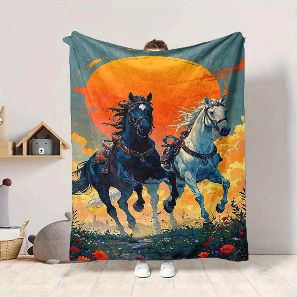 1pc Horse Sunset Blanket, Lightweight Flannel Throw Blanket for Sofa, Bed, Travel, Camping, Living Room, Office, Couch, Chair, and Bed