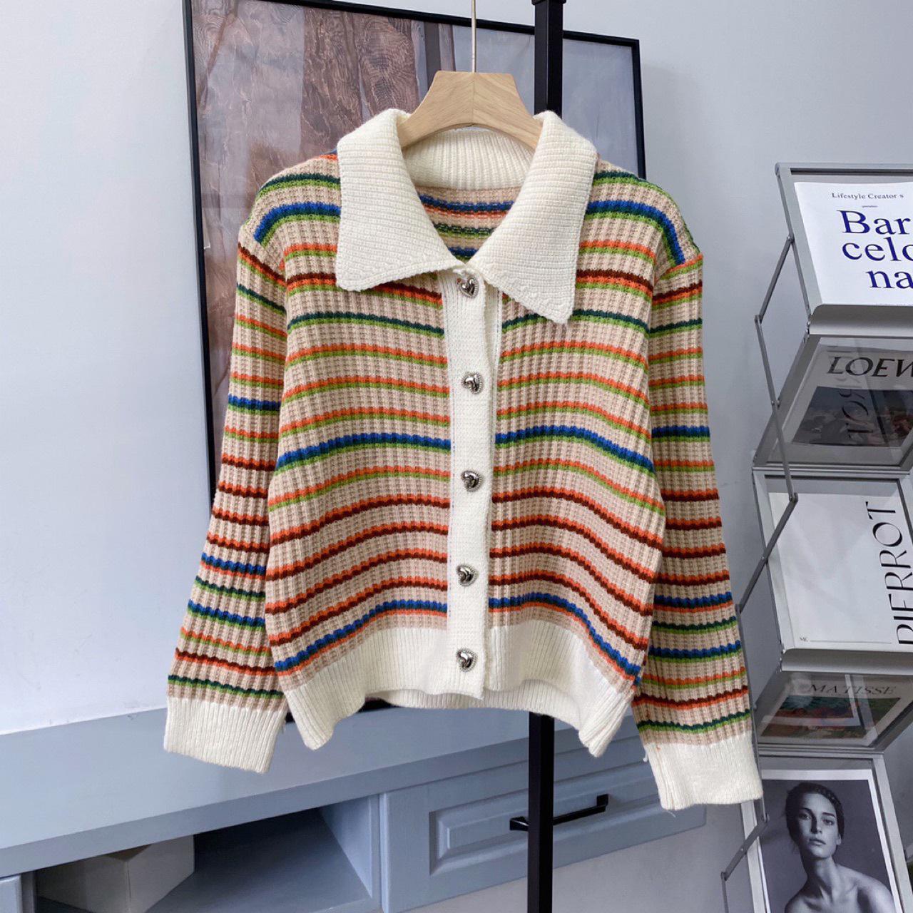 

Women s Autumn/Winter 2025 Rainbow Stripe Knitted Cardigan Sweater One Size (for 80-130 jin)