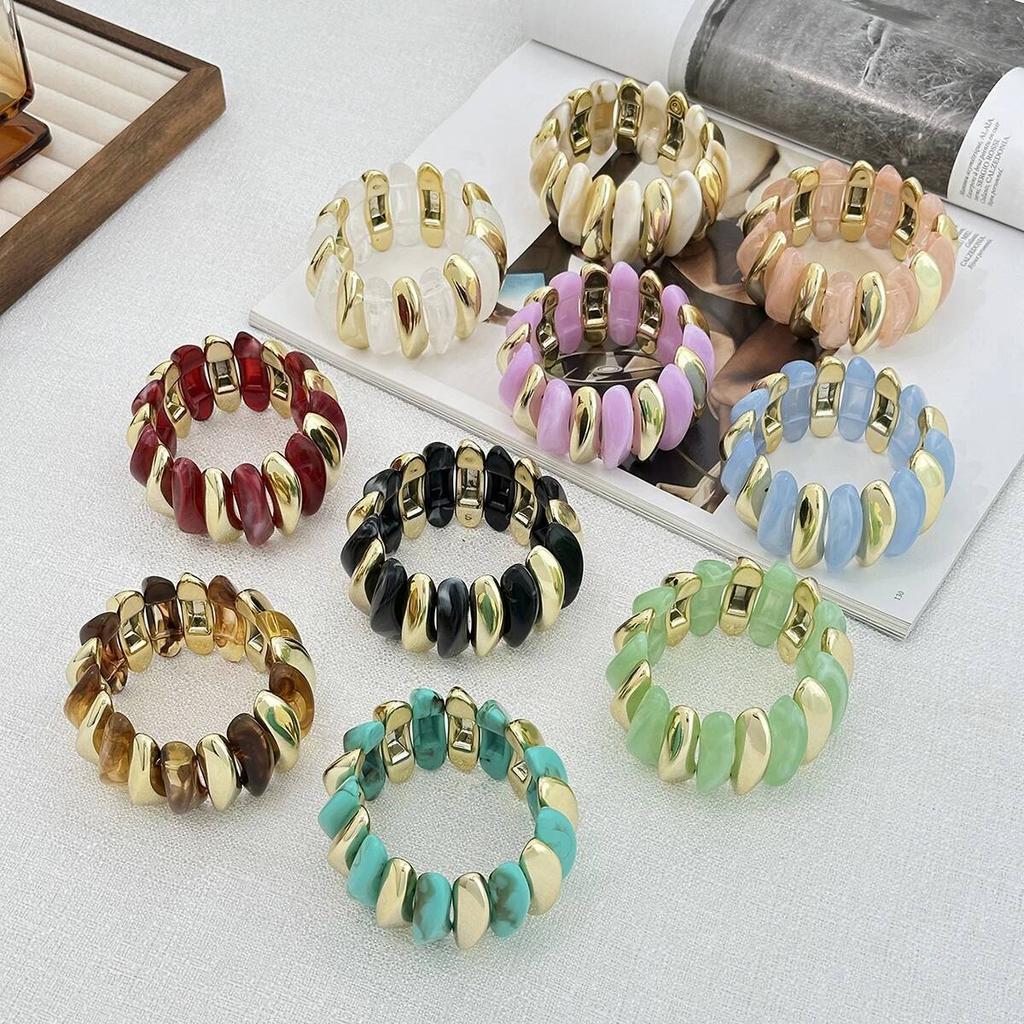 Salircon 10 Colors Vintage Thick Resin Acrylic Irregular Bangles for Women Geometric Wide Chunky Elastic Bracelets Hand Jewelry