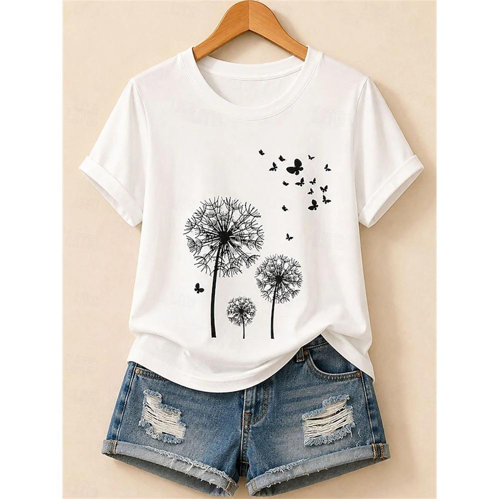 Women's Fashionable Casual Short-Sleeve T-Shirt with Cartoon Dandelion