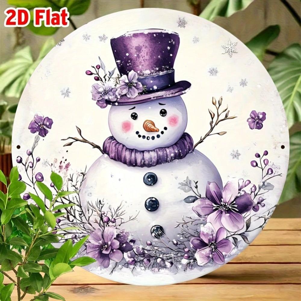 Vintage Purple Snowman Floral Round Metal Tin Sign Wall Art 8 Inch Christmas Home Decor Gift