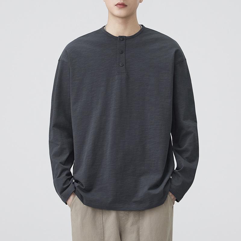 Autumn 2026 Men s Bamboo Cotton Henley T-Shirt - Retro Long Sleeve M
