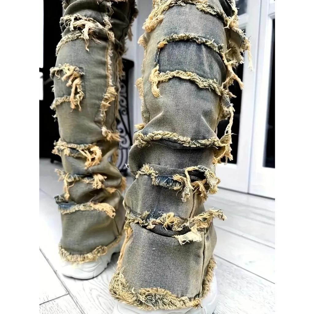 ZYLLO Casual Distressed Men's Jeans Tassels Patchwork Design Vintage Washed Stretch Denim Pants Straight Fashion Streetwear Trousers