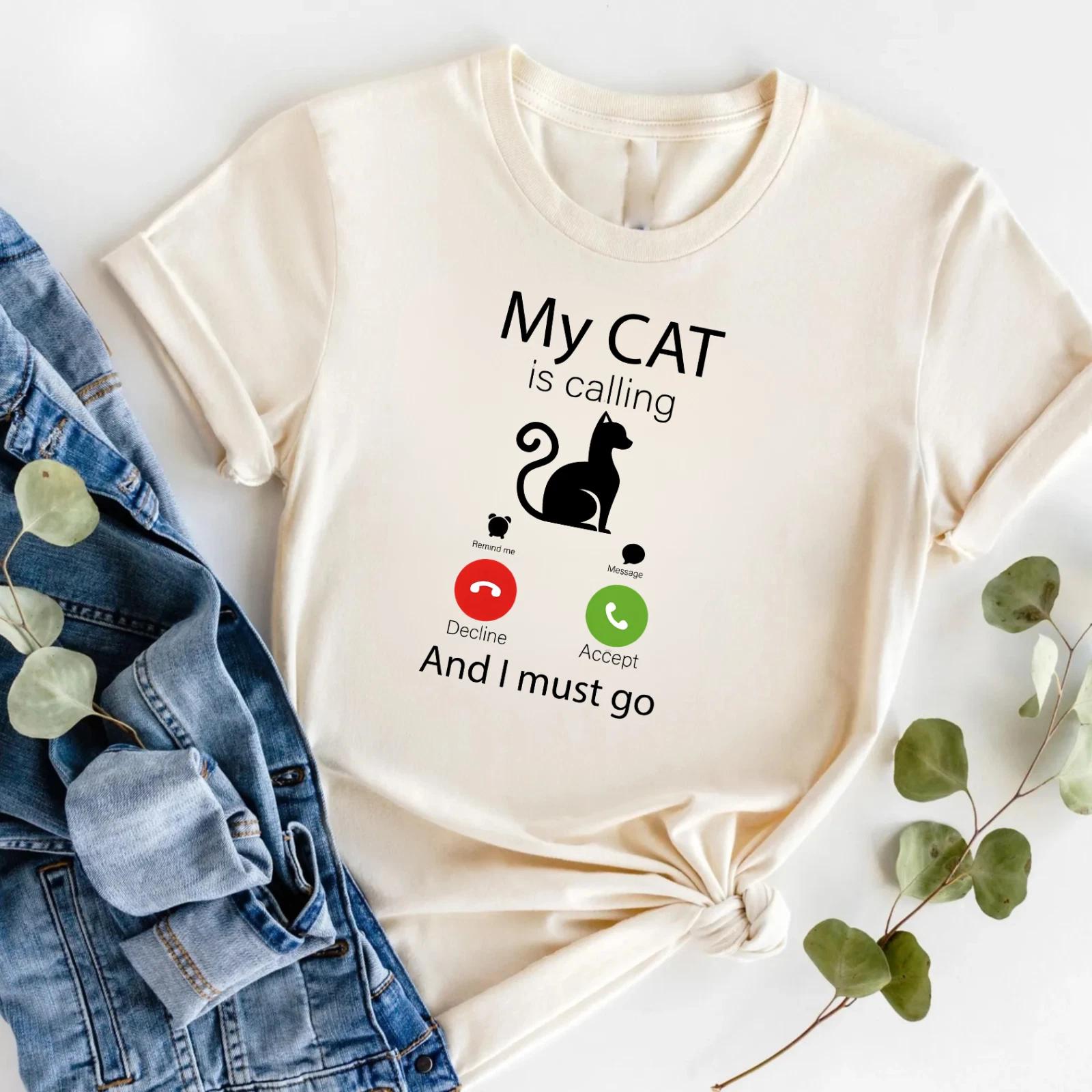 Black Cat Graphic T-shirt My Cat Is Calling, Kitten Pet Lover Novelty Gift T-Top M