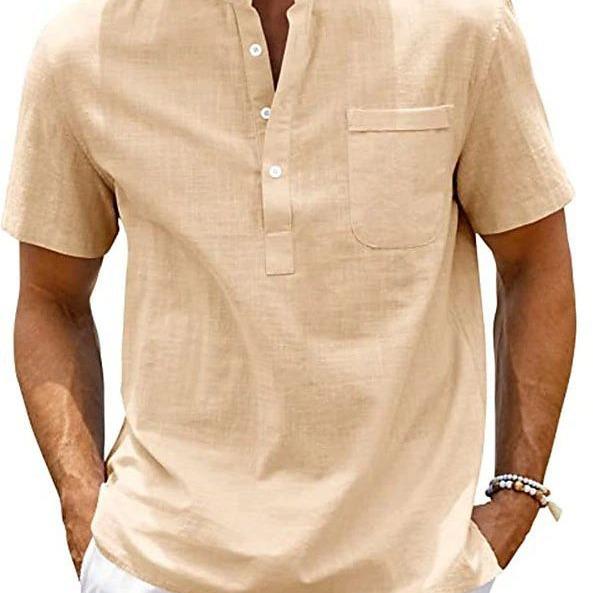 2024 Męska Koszula Plus Size w Jednolitym Kolorze z Krótkim Rękawem i Stójką - Casualowy Styl Europejski i Amerykański