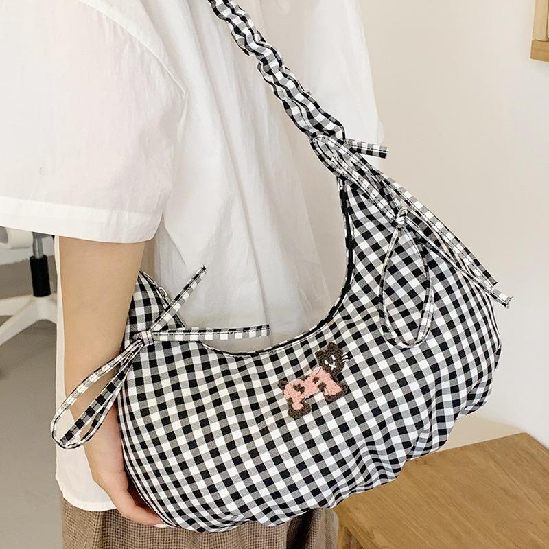 Korean small fresh plaid 2025 summer new niche pleated nylon dumpling bag ins armpit bag