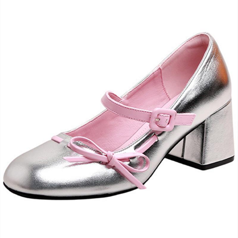 Fashion Sweet Bow Belt Buckle Women Sandals Fashion Round Toe Square Heel Mary Jane Shoes Simple Comfort Patent Leather Women Slide Shoe