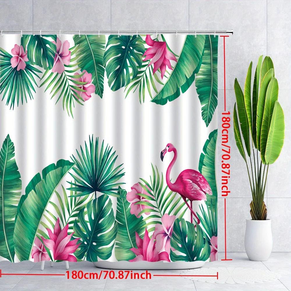 1pc Tropical Flamingo & Hibiscus Shower Curtain - Vibrant Pink Flamingo with Lush Green Leaves and Hibiscus Flowers,