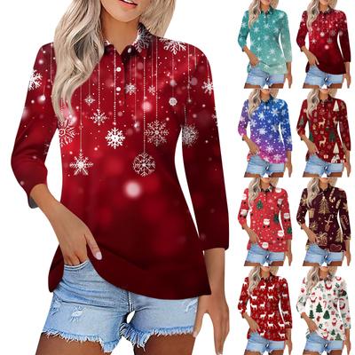 Women's Fashion Casual Lapel Short 3/4 Sleeve Christmas Print Shirt Women's Button Up Tops