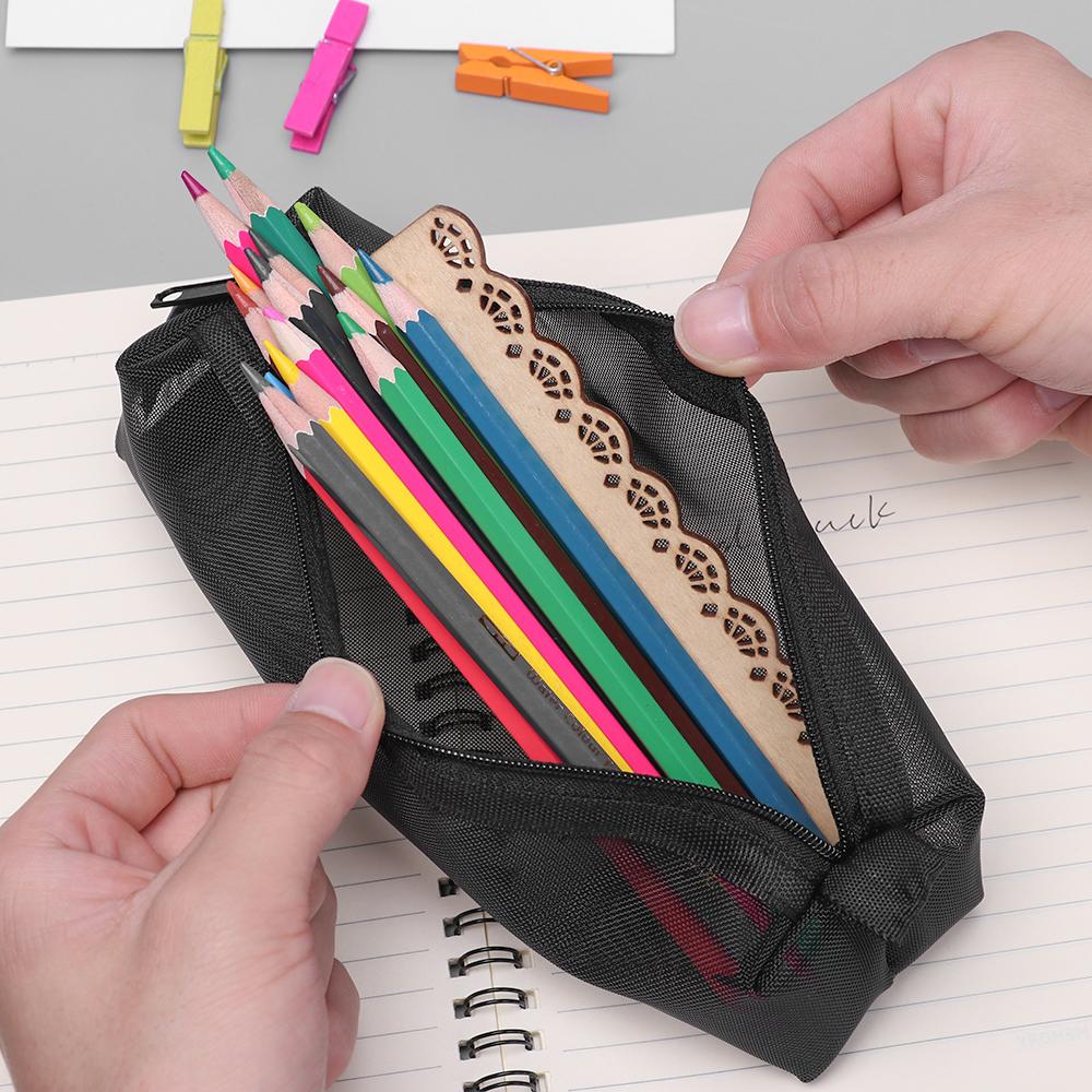 Black/White Simple Transparent Grid Zipper Pencil Case Solid Color Cosmetic Storage Nylon Mesh Pen Bag Stationery Storage Tool
