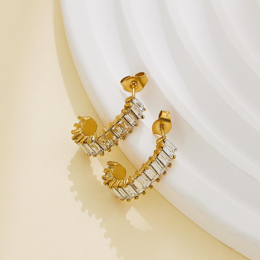 18K Gold Plated White Diamond Hoop & Stud Earrings - French Style Titanium Steel