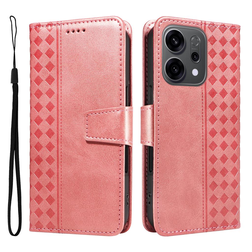 For Oppo Reno14 5G (China)/Oppo Reno14 F 5G/Oppo Reno14 5G (Global) Leather Case Wallet Stand Grids Imprinted Phone Cover with Strap