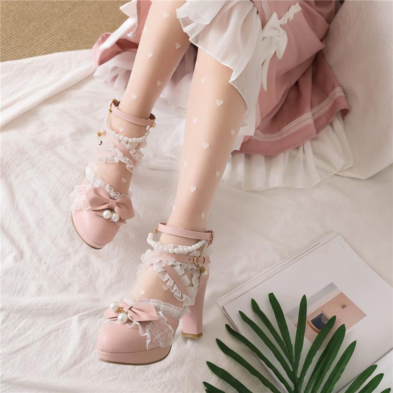 FOREADA Women Kawaii Mary Janes Pumps Round Toe Glove Shoes Thick High Heels Lolita Buckle Bow Ladies Fashion Cosplay Shoes Spring Autumn