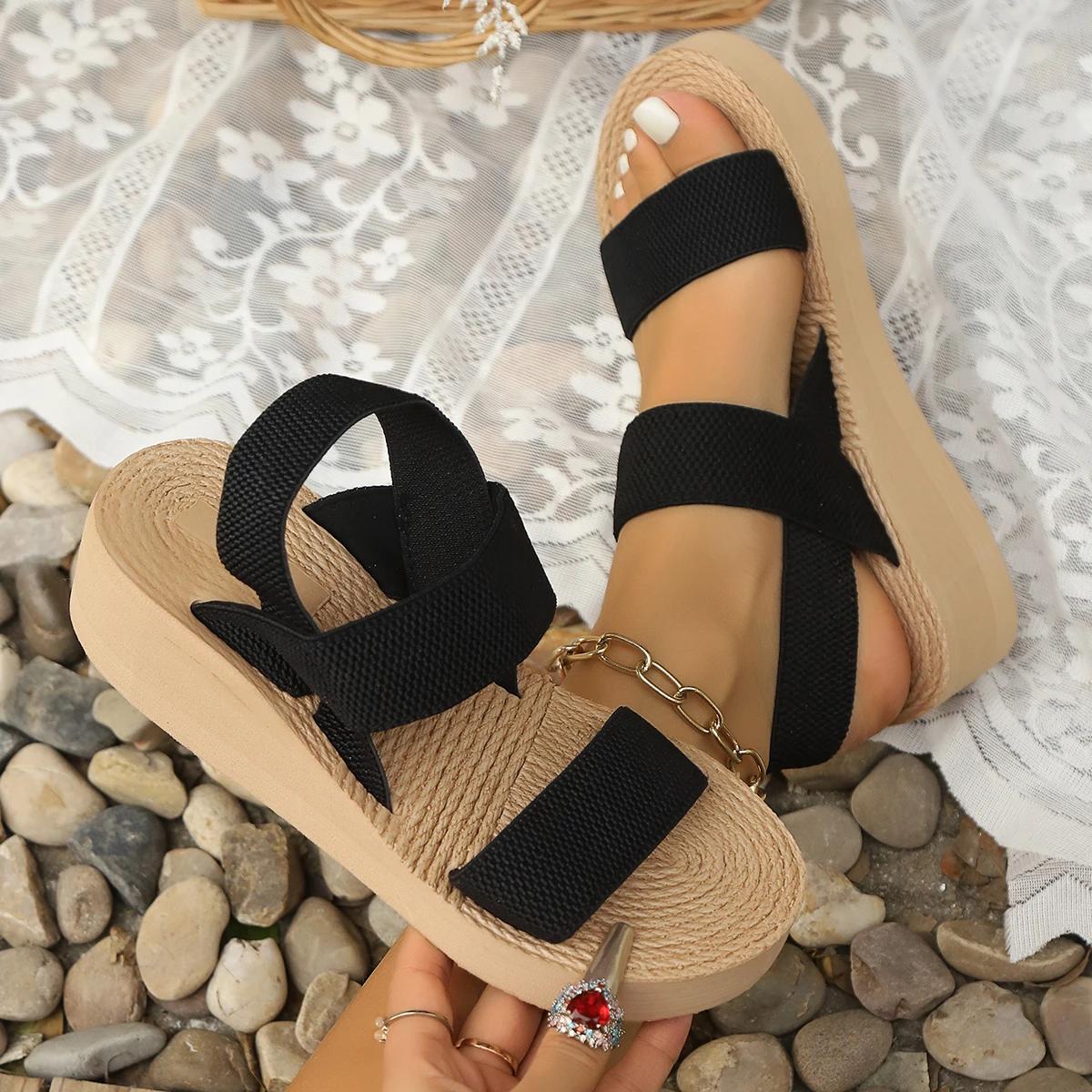 

Модные женские минималистичные сандалии на танкетке с открытым носком, на толстой платформе, повседневные сандалии с ремешком на щиколотке, однотонные, с леопардовым принтом, женская обувь 36 чёрный