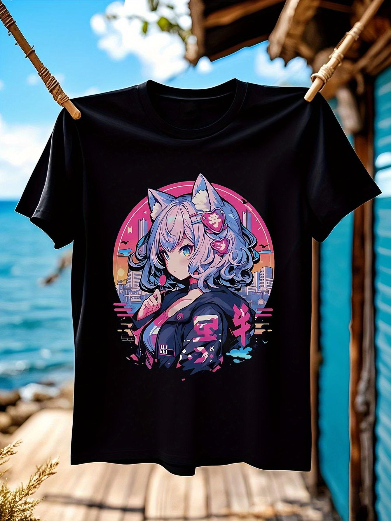Retro Anime Cyberpunk Tshirt - White Tee with Cat Girl Gr... XXXXL
