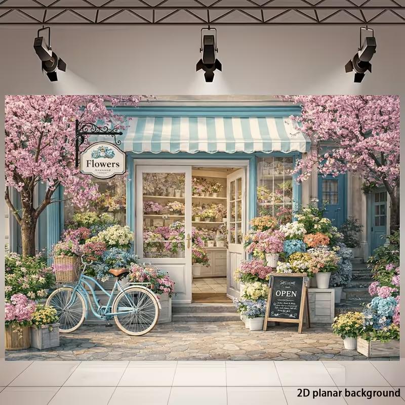 2D Florist Shop Backdrop, Blue Bicycle and Cherry Blossoms Party Photo Booth Banner
