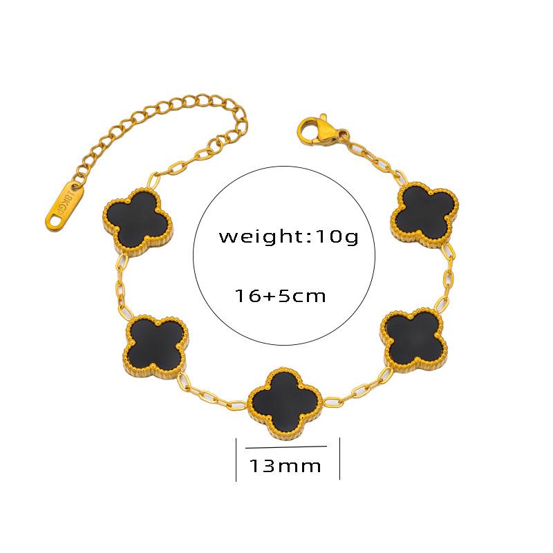 18K Gold Double-Sided Mother-of-Pearl Four-Leaf Clover Jewelry Set: Bracelet, Necklace, Ring, Earrings.