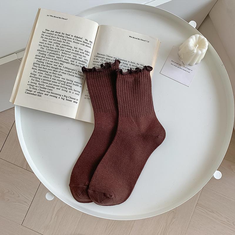 Autumn and Winter Socks for Women: Black Ear-trimmed Mid-calf Socks, Trendy and Versatile Lace Socks, Coffee-colored Pile Socks for Women