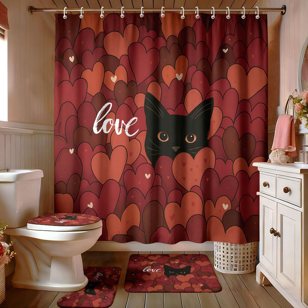 Valentine's Day Romantic Love Printed Bathroom 4-piece Set 180x180 Waterproof Shower Curtain Floor Mat U-shaped Toilet Mat