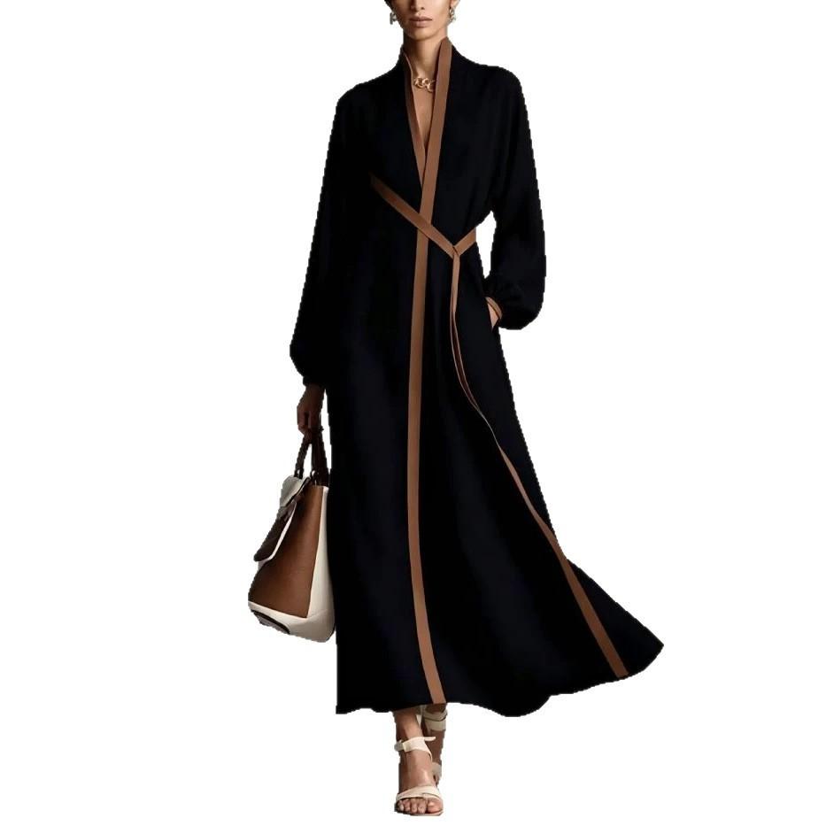 2026 New European and American Stand-up Collar Long-sleeved Casual Contrasting Color Loose Split Dress